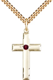 [0624YGF-STN1/24G] 14kt Gold Filled Cross Pendant with a 3mm Garnet Swarovski stone on a 24 inch Gold Plate Heavy Curb chain