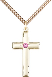 [0624YGF-STN10/24GF] 14kt Gold Filled Cross Pendant with a 3mm Rose Swarovski stone on a 24 inch Gold Filled Heavy Curb chain