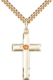 [0624YGF-STN11/24G] 14kt Gold Filled Cross Pendant with a 3mm Topaz Swarovski stone on a 24 inch Gold Plate Heavy Curb chain