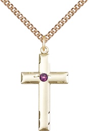 [0624YGF-STN2/24GF] 14kt Gold Filled Cross Pendant with a 3mm Amethyst Swarovski stone on a 24 inch Gold Filled Heavy Curb chain