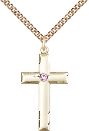 [0624YGF-STN6/24GF] 14kt Gold Filled Cross Pendant with a 3mm Light Amethyst Swarovski stone on a 24 inch Gold Filled Heavy Curb chain