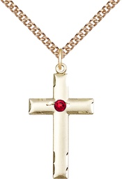 [0624YGF-STN7/24GF] 14kt Gold Filled Cross Pendant with a 3mm Ruby Swarovski stone on a 24 inch Gold Filled Heavy Curb chain