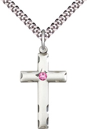 [0624YSS-STN10/24S] Sterling Silver Cross Pendant with a 3mm Rose Swarovski stone on a 24 inch Light Rhodium Heavy Curb chain