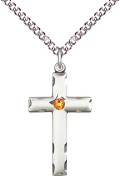 [0624YSS-STN11/24SS] Sterling Silver Cross Pendant with a 3mm Topaz Swarovski stone on a 24 inch Sterling Silver Heavy Curb chain
