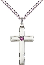 [0624YSS-STN2/24SS] Sterling Silver Cross Pendant with a 3mm Amethyst Swarovski stone on a 24 inch Sterling Silver Heavy Curb chain