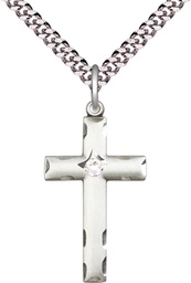 [0624YSS-STN4/24S] Sterling Silver Cross Pendant with a 3mm Crystal Swarovski stone on a 24 inch Light Rhodium Heavy Curb chain