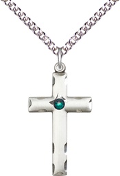 [0624YSS-STN5/24SS] Sterling Silver Cross Pendant with a 3mm Emerald Swarovski stone on a 24 inch Sterling Silver Heavy Curb chain