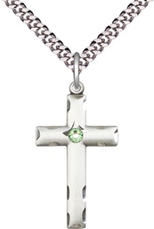 [0624YSS-STN8/24S] Sterling Silver Cross Pendant with a 3mm Peridot Swarovski stone on a 24 inch Light Rhodium Heavy Curb chain