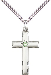 [0624YSS-STN8/24SS] Sterling Silver Cross Pendant with a 3mm Peridot Swarovski stone on a 24 inch Sterling Silver Heavy Curb chain
