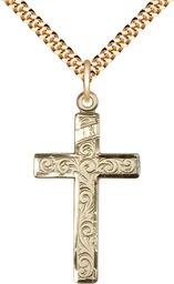 [0652YGF/24G] 14kt Gold Filled Cross Pendant on a 24 inch Gold Plate Heavy Curb chain