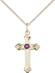 [0667GF-STN2/18GF] 14kt Gold Filled Cross Pendant with a 3mm Amethyst Swarovski stone on a 18 inch Gold Filled Light Curb chain