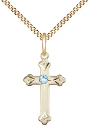 [0667GF-STN3/18G] 14kt Gold Filled Cross Pendant with a 3mm Aqua Swarovski stone on a 18 inch Gold Plate Light Curb chain