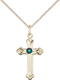 [0667GF-STN5/18GF] 14kt Gold Filled Cross Pendant with a 3mm Emerald Swarovski stone on a 18 inch Gold Filled Light Curb chain