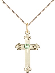 [0667GF-STN8/18GF] 14kt Gold Filled Cross Pendant with a 3mm Peridot Swarovski stone on a 18 inch Gold Filled Light Curb chain