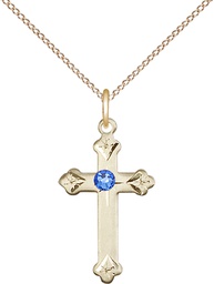 [0667GF-STN9/18GF] 14kt Gold Filled Cross Pendant with a 3mm Sapphire Swarovski stone on a 18 inch Gold Filled Light Curb chain