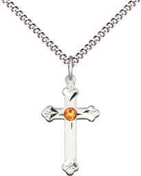 [0667SS-STN11/18S] Sterling Silver Cross Pendant with a 3mm Topaz Swarovski stone on a 18 inch Light Rhodium Light Curb chain