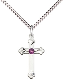 [0667SS-STN2/18S] Sterling Silver Cross Pendant with a 3mm Amethyst Swarovski stone on a 18 inch Light Rhodium Light Curb chain