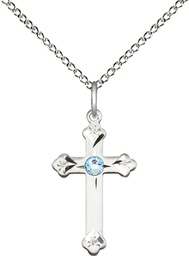 [0667SS-STN3/18SS] Sterling Silver Cross Pendant with a 3mm Aqua Swarovski stone on a 18 inch Sterling Silver Light Curb chain