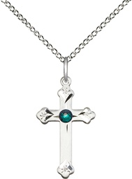 [0667SS-STN5/18SS] Sterling Silver Cross Pendant with a 3mm Emerald Swarovski stone on a 18 inch Sterling Silver Light Curb chain