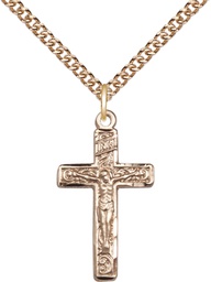 [0673GF/24GF] 14kt Gold Filled Crucifix Pendant on a 24 inch Gold Filled Heavy Curb chain