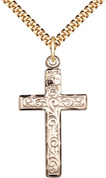 [0674YGF/24G] 14kt Gold Filled Cross Pendant on a 24 inch Gold Plate Heavy Curb chain