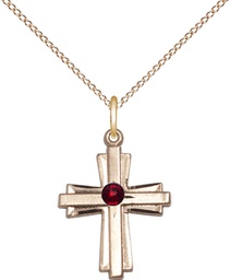 [0675YGF-STN1/18GF] 14kt Gold Filled Cross Pendant with a 3mm Garnet Swarovski stone on a 18 inch Gold Filled Light Curb chain