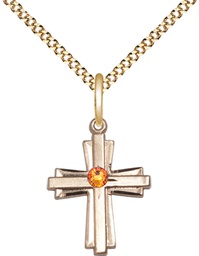 [0675YGF-STN11/18G] 14kt Gold Filled Cross Pendant with a 3mm Topaz Swarovski stone on a 18 inch Gold Plate Light Curb chain