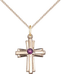 [0675YGF-STN2/18GF] 14kt Gold Filled Cross Pendant with a 3mm Amethyst Swarovski stone on a 18 inch Gold Filled Light Curb chain