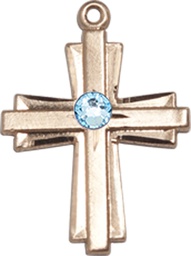 [0675YGF-STN3] 14kt Gold Filled Cross Medal with a 3mm Aqua Swarovski stone