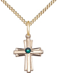 [0675YGF-STN5/18G] 14kt Gold Filled Cross Pendant with a 3mm Emerald Swarovski stone on a 18 inch Gold Plate Light Curb chain