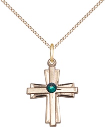 [0675YGF-STN5/18GF] 14kt Gold Filled Cross Pendant with a 3mm Emerald Swarovski stone on a 18 inch Gold Filled Light Curb chain