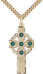[0252GF-STN5/24G] 14kt Gold Filled Kilklispeen Cross w/ Emerald Stone Pendant with a 3mm Emerald Swarovski stone on a 24 inch Gold Plate Heavy Curb chain