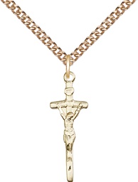 [0563GF/24GF] 14kt Gold Filled Papal Crucifix Pendant on a 24 inch Gold Filled Heavy Curb chain