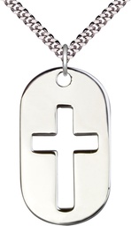 [0110DTSS/24S] Sterling Silver Cross Dog Tag Pendant on a 24 inch Light Rhodium Heavy Curb chain