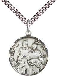 [0409SS/24S] Sterling Silver Saint Raphael Pendant on a 24 inch Light Rhodium Heavy Curb chain