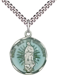 [2075ESS/24S] Sterling Silver Our Lady of Guadalupe Pendant on a 24 inch Light Rhodium Heavy Curb chain