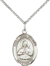 [8282SS/18SS] Sterling Silver Saint John Vianney Pendant on a 18 inch Sterling Silver Light Curb chain