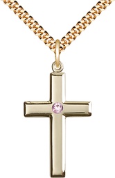 [2190GF-STN6/24G] 14kt Gold Filled Cross Pendant with a 3mm Light Amethyst Swarovski stone on a 24 inch Gold Plate Heavy Curb chain