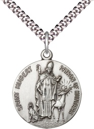 [0893SS/24S] Sterling Silver Saint Hubert of Liege Pendant on a 24 inch Light Rhodium Heavy Curb chain