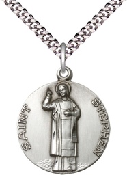 [0914SS/24S] Sterling Silver Saint Stephen Pendant on a 24 inch Light Rhodium Heavy Curb chain