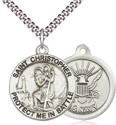 [1174SS6/24S] Sterling Silver Saint Christopher Navy Pendant on a 24 inch Light Rhodium Heavy Curb chain