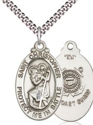 [1175SS3/24S] Sterling Silver Saint Christopher Coast Guard Pendant on a 24 inch Light Rhodium Heavy Curb chain