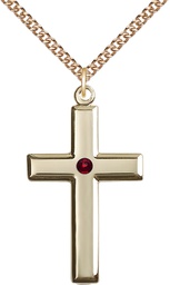 [2192GF-STN1/24GF] 14kt Gold Filled Cross Pendant with a 3mm Garnet Swarovski stone on a 24 inch Gold Filled Heavy Curb chain