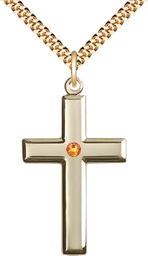 [2192GF-STN11/24G] 14kt Gold Filled Cross Pendant with a 3mm Topaz Swarovski stone on a 24 inch Gold Plate Heavy Curb chain