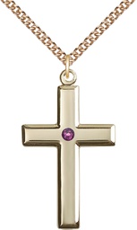 [2192GF-STN2/24GF] 14kt Gold Filled Cross Pendant with a 3mm Amethyst Swarovski stone on a 24 inch Gold Filled Heavy Curb chain