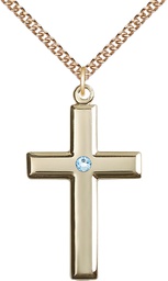 [2192GF-STN3/24GF] 14kt Gold Filled Cross Pendant with a 3mm Aqua Swarovski stone on a 24 inch Gold Filled Heavy Curb chain