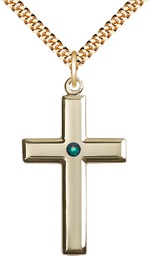 [2192GF-STN5/24G] 14kt Gold Filled Cross Pendant with a 3mm Emerald Swarovski stone on a 24 inch Gold Plate Heavy Curb chain