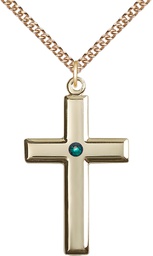 [2192GF-STN5/24GF] 14kt Gold Filled Cross Pendant with a 3mm Emerald Swarovski stone on a 24 inch Gold Filled Heavy Curb chain