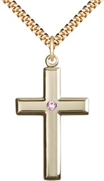 [2192GF-STN6/24G] 14kt Gold Filled Cross Pendant with a 3mm Light Amethyst Swarovski stone on a 24 inch Gold Plate Heavy Curb chain