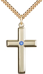 [2192GF-STN9/24G] 14kt Gold Filled Cross Pendant with a 3mm Sapphire Swarovski stone on a 24 inch Gold Plate Heavy Curb chain
